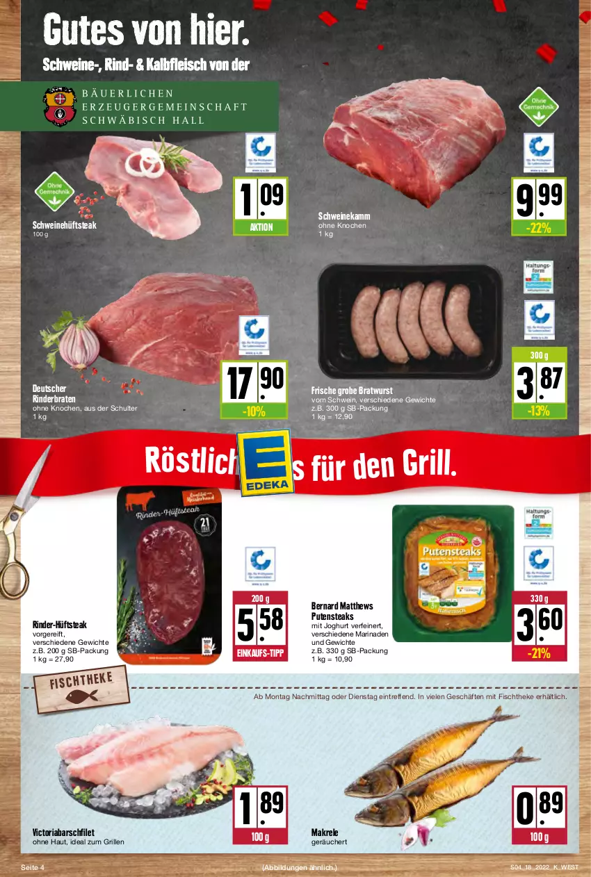 Aktueller Prospekt Kupsch - Angebote der Woche - von 02.05 bis 07.05.2022 - strona 4 - produkty: braten, bratwurst, eis, filet, fisch, fischtheke, fleisch, grill, grobe bratwurst, hüftsteak, ideal zum grillen, joghur, joghurt, Kalbfleisch, Makrele, marinade, pute, putensteaks, rel, Ria, rind, rinder, rinderbraten, schwein, schweine, steak, steaks, Ti, wein, weine, wurst