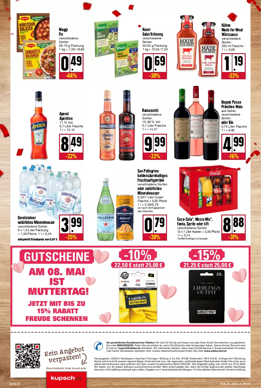 Aktueller Prospekt Kupsch - Angebote der Woche - von 02.05 bis 07.05.2022 - strona 8 - produkty: Alwa, angebot, angebote, aperol, Astra, bio, coca-cola, cola, deka, doppio passo, eis, elle, ente, fanta, flasche, frucht, fruchtsaft, fruchtsaftgetränk, gerolsteine, gerolsteiner, getränk, gutschein, gutscheine, knorr, Kühne, limo, limonade, maggi, maggi fix, Mezzo Mix, mineralwasser, natürliches mineralwasser, passo, primitivo, rama, ramazzott, ramazzotti, Rauch, reis, ring, sac, saft, salat, san pellegrino, sauce, sprite, steiner, telefon, Ti, wasser, wein, würzsauce, zott