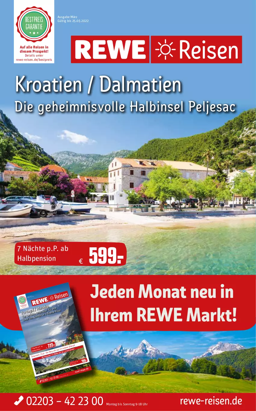 Aktueller Prospekt Rewe Reisen - Reiseprospekt - von 25.02 bis 25.03.2022 - strona 1 - produkty: bestpreis, eier, eis, reis, sac, Ti, uhr