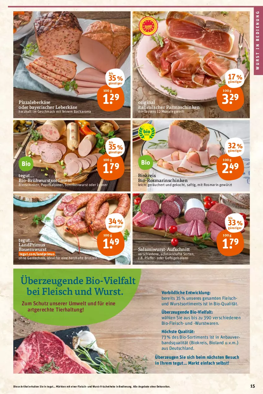 Aktueller Prospekt Tegut - Angebote der Woche - von 24.01 bis 29.01.2022 - strona 17 - produkty: angebot, angebote, auer, aufschnitt, Bau, Bauer, bier, bierschinken, bio, bioland, brot, Brühwurst, dekoration, eis, ente, fleisch, Geflügel, gewürz, gin, Käse, landprimus, leberkäs, leberkäse, lyoner, mac, paprika, parmaschinken, pfeffer, pizza, reis, rosmarin, saft, salami, schinken, schinkenwurst, Ti, WICK, wurst, Yo, ZTE