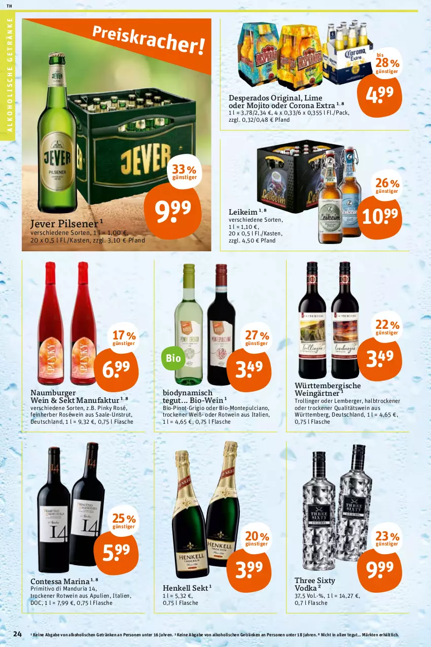 Aktueller Prospekt Tegut - Angebote der Woche - von 24.01 bis 29.01.2022 - strona 26 - produkty: alkohol, alkoholische getränke, Berger, bio, Bio-Wein, burger, corona, corona extra, desperados, Faktu, flasche, getränk, getränke, gin, henkel, henkell, henkell sekt, jever, jever pilsener, mojito, monte, Montepulciano, pils, pilsener, Pinot, primitivo, qualitätswein, Ria, roséwein, rotwein, sekt, Three Sixty, Ti, trolli, trollinger, vodka, wein