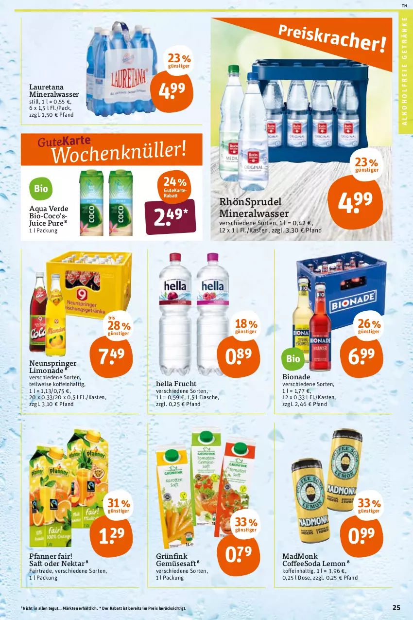 Aktueller Prospekt Tegut - Angebote der Woche - von 24.01 bis 29.01.2022 - strona 27 - produkty: alkohol, alkoholfreie getränke, Alwa, aqua, bio, bionade, eis, erde, flasche, frucht, getränk, getränke, hella, limo, limonade, mineralwasser, Nektar, pfanne, Pfanner, reis, RhönSprudel, ring, saft, Soda, Sprudel, Ti, wasser