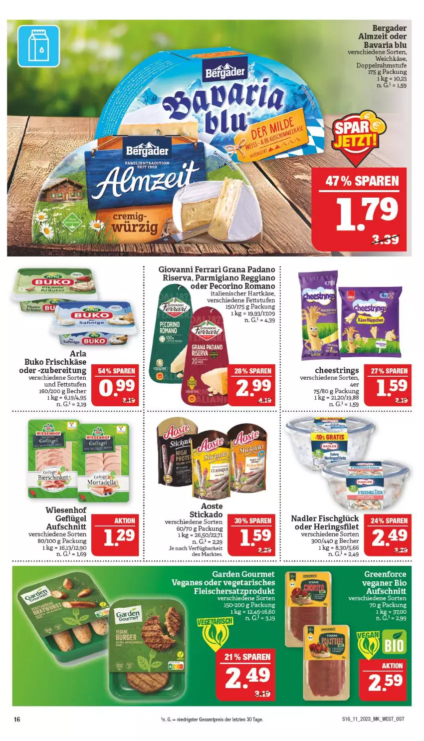 Aktueller Prospekt Marktkauf - Prospekt - von 12.03 bis 18.03.2023 - strona 16 - produkty: arla, aufschnitt, bavaria blu, Becher, bergader, bier, bierschinken, bio, Buko, dell, doppelrahmstufe, eis, filet, fisch, fleisch, frischkäse, garden gourmet, Geflügel, grana, grana padano, hartkäse, hering, Herings, italienischer hartkäse, Käse, mortadella, nadler, padano, parmigiano, parmigiano reggiano, Pecorino, Rana, reggiano, reis, Ria, ring, riserva, schinken, String, Ti, Vegeta, weichkäse, wiesenhof, Yo, ZTE