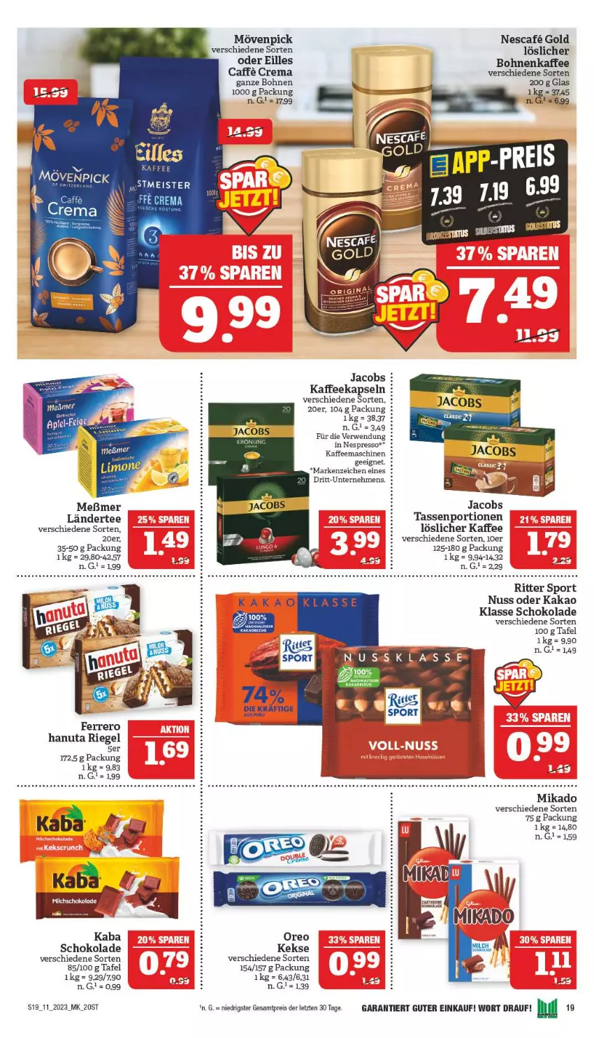 Aktueller Prospekt Marktkauf - Prospekt - von 12.03 bis 18.03.2023 - strona 19 - produkty: bohne, bohnen, bohnenkaffee, eis, espresso, ferrero, hanuta, jacobs, kaffee, kaffeekapseln, kaffeemaschine, kakao, keks, kekse, Ländertee, löslicher kaffee, Meßmer, mikado, mövenpick, nespresso, nuss, oreo, reis, riegel, ritter, ritter sport, rwe, schoko, schokolade, Sport, tasse, tee, Ti, ZTE