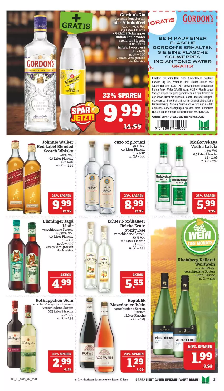 Aktueller Prospekt Marktkauf - Prospekt - von 12.03 bis 18.03.2023 - strona 21 - produkty: alkohol, blended scotch, blended scotch whisky, coupon, coupons, dry gin, eis, erde, flasche, gin, gordon, gordon's, johnnie walker, likör, london dry, london dry gin, moskovskaya, Müller, Müller-Thurgau, ouzo, reis, rotkäppchen, schweppes, scotch, scotch whisky, Ti, tonic, tonic water, vodka, wein, whisky, ZTE