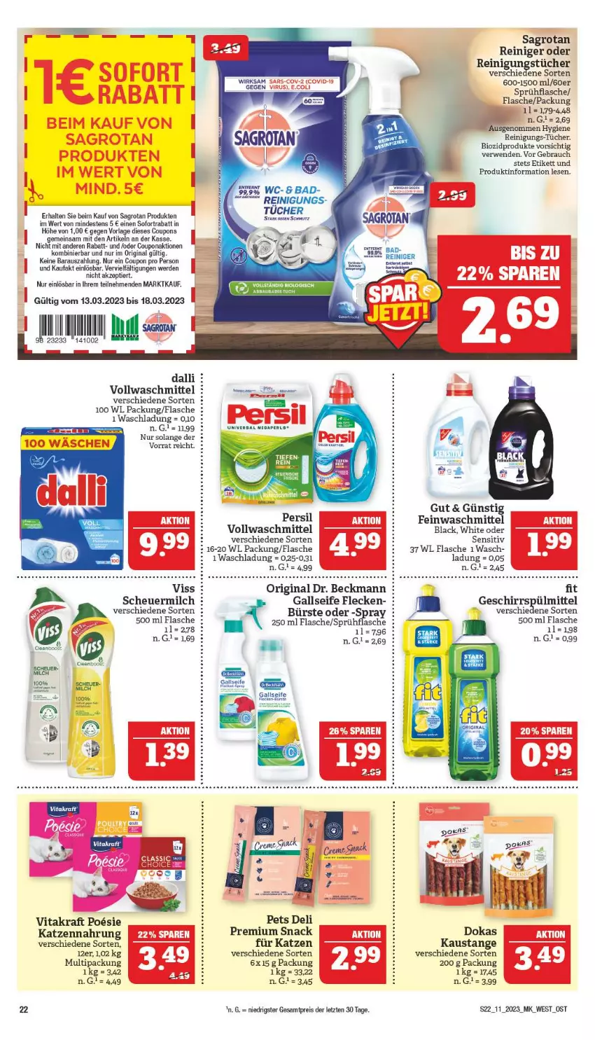 Aktueller Prospekt Marktkauf - Prospekt - von 12.03 bis 18.03.2023 - strona 22 - produkty: aust, Bad, bio, biozidprodukte, bürste, coupon, coupons, dalli, Dr. Beckmann, eis, erde, flasche, geschirr, geschirrspülmittel, gin, Heu, katzennahrung, kraft, lack, megaperls, milch, persil, Rauch, reiniger, Reinigung, reinigungstücher, reis, rum, rwe, sagrotan, scheuermilch, Seife, snack, sofortrabatt, sprühflasche, spülmittel, Ti, tücher, universal megaperls, vita, vitakraft, vollwaschmittel, waschmittel, ZTE