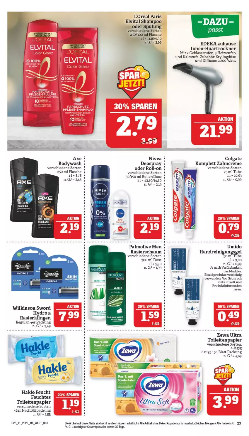 Aktueller Prospekt Marktkauf - Prospekt - von 12.03 bis 18.03.2023 - strona 23 - produkty: axe, bio, biozidprodukte, body, colgate, creme, deka, deo, deospray, eis, elle, elvital, flasche, haartrockner, hakle, LG, nivea, olive, palmolive, papier, Rasierklinge, rasierklingen, Rasierschaum, Rauch, Reinigung, Reinigungsgel, reis, roll-on, Roller, rwe, shampoo, Ti, toilettenpapier, Trockner, vita, wilkinson, zahncreme, zewa, ZTE