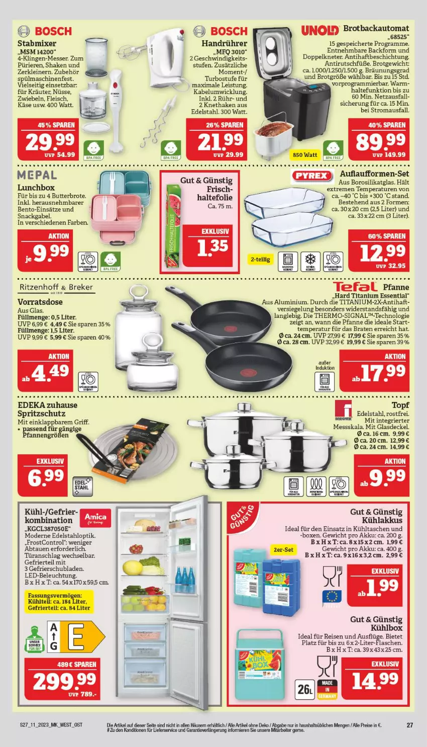 Aktueller Prospekt Marktkauf - Prospekt - von 12.03 bis 18.03.2023 - strona 27 - produkty: akku, auto, Backform, beleuchtung, bosch, braten, brot, Brotbackautomat, butter, decke, Deckel, deka, edelstahl, eis, flasche, gabel, Glasdeckel, Käse, kräuter, kühlakku, kühlakkus, kühlbox, kühltasche, led-beleuchtung, leine, lunchbox, Maus, messer, Mixer, Mode, pfanne, pyrex, reis, schubladen, shake, Signal, snack, Spritzschutz, spülmaschinen, stabmixer, Tasche, taschen, tee, Ti, topf, türanschlag wechselbar, WICK, zwiebel, zwiebeln