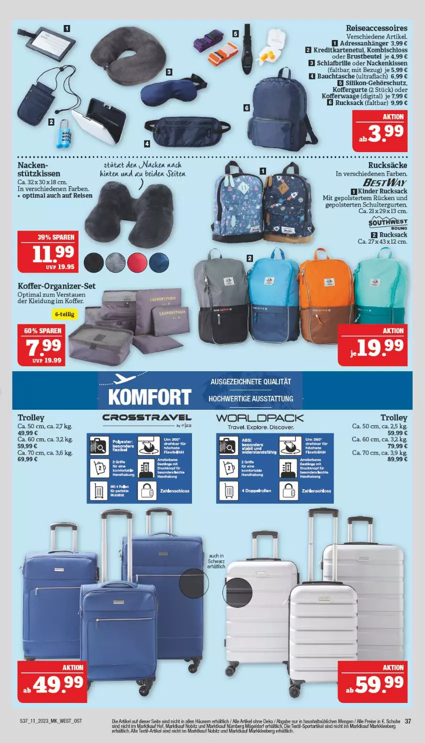 Aktueller Prospekt Marktkauf - Prospekt - von 12.03 bis 18.03.2023 - strona 37 - produkty: ACC, accessoires, Anhänger, Bau, beutel, Brille, eis, Kinder, kissen, kleid, Kleidung, koffer, Kofferwaage, nackenkissen, reis, rucksack, sac, schuhe, schultergurt, Sport, Tasche, Ti, trolley, Waage