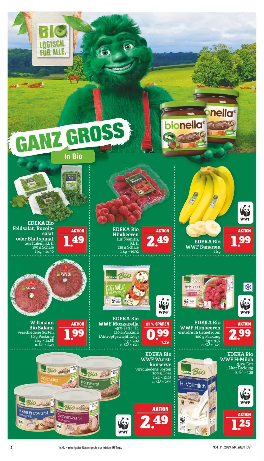 Aktueller Prospekt Marktkauf - Prospekt - von 12.03 bis 18.03.2023 - strona 4 - produkty: banane, bananen, beere, beeren, bio, blattspinat, cola, deka, edeka bio, eis, feldsalat, himbeer, himbeere, himbeeren, milch, reis, rucola, salami, salat, Schal, Schale, spinat, tee, Ti, torte, wurst, ZTE