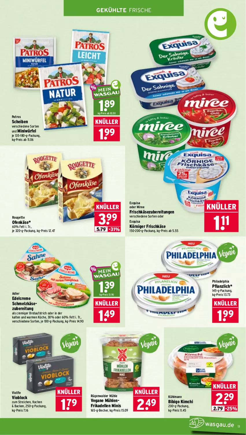 Aktueller Prospekt Wasgau - von 28.09 bis 02.10.2026 - strona 13 - produkty: aufstrich, Becher, brot, brotaufstrich, creme, dell, edelcreme, eis, elle, exquisa, frikadellen, frischkäse, frischkäsezubereitung, Käse, Körniger Frischkäse, küche, kühlmann, miree, Ofen, Ofenkäse, patros, philadelphia, reis, rouge, rougette, rügenwalder, rügenwalder mühle, Schmelzkäse, schmelzkäsezubereitung, würfel