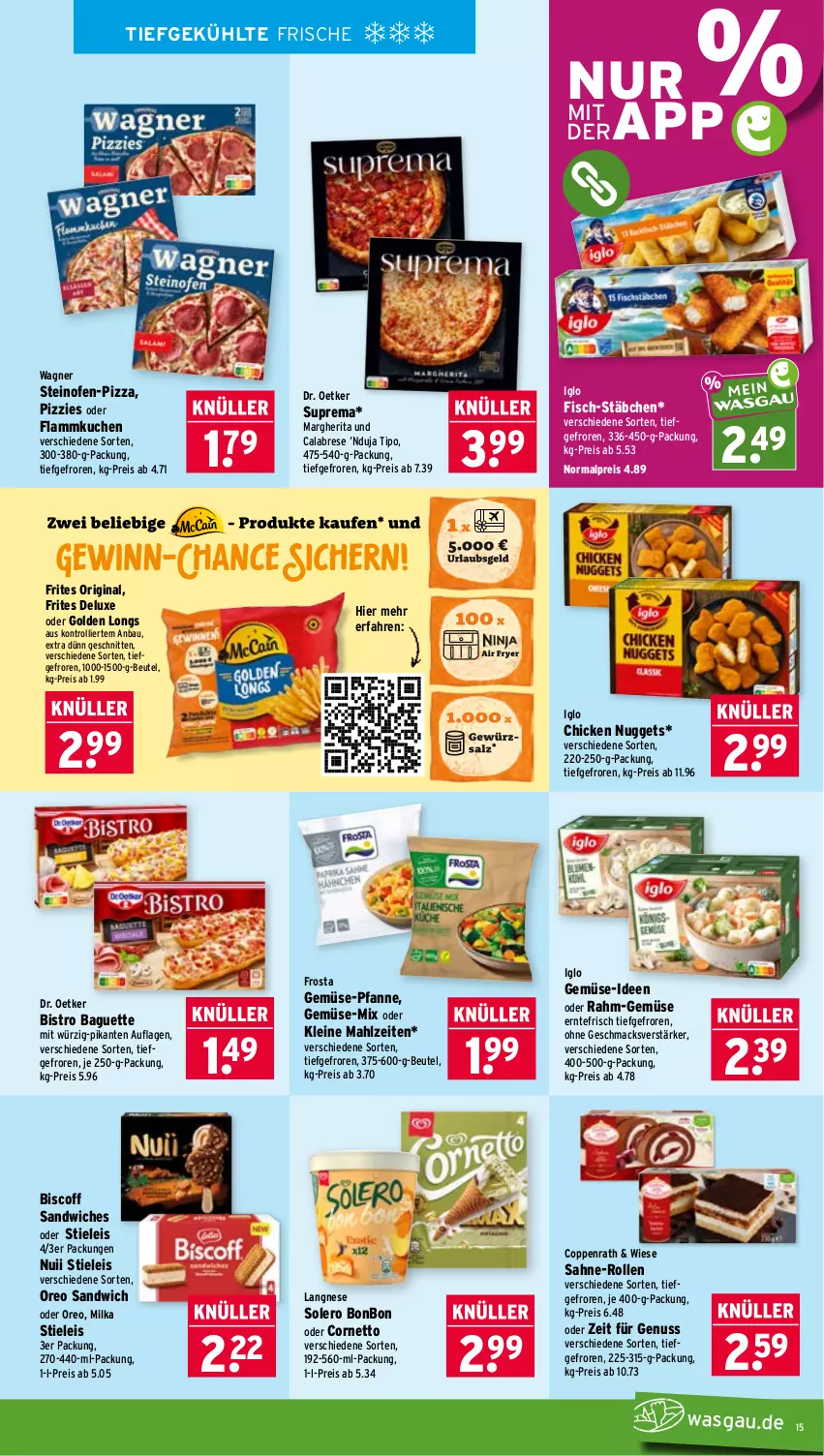 Aktueller Prospekt Wasgau - von 28.09 bis 02.10.2026 - strona 15 - produkty: baguette, Bau, beutel, biscoff, Bistro Baguette, chicken nuggets, coppenrath, cornetto, Dr. Oetker, eis, fisch, flammkuchen, frosta, gemüse-pfanne, gin, Golden Longs, iglo, je 250-g-packung, kuchen, lamm, langnese, leine, mac, margherita, milka, nuggets, nuii, nuss, Ofen, oreo, pfanne, pizza, rahm-gemüse, reis, sahne, sandwich, schnitten, steinofen, stieleis, Ti, trolli, wagner