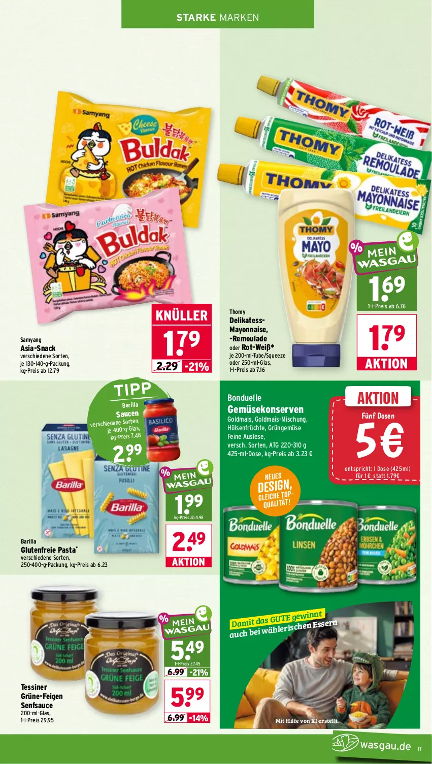 Aktueller Prospekt Wasgau - von 28.09 bis 02.10.2026 - strona 17 - produkty: barilla, bonduelle, eis, elle, Feigen, früchte, Gemüsekonserve, Goldmais, hülsenfrüchte, Konserven, mais, mayonnaise, pasta, reis, remoulade, sauce, saucen, senf, snack, thomy, Ti, Yo