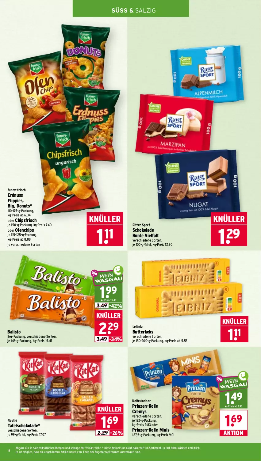 Aktueller Prospekt Wasgau - von 28.09 bis 02.10.2026 - strona 18 - produkty: angebot, auer, balisto, butter, butterkeks, chips, chipsfrisch, cremys, debeukelaer, Donut, donuts, eis, erdnuss, flippies, funny-frisch, keks, leibniz, nestlé, nuss, Ofen, reis, ritter, ritter sport, salz, schoko, schokolade, Sport, tafelschokolade, Ti