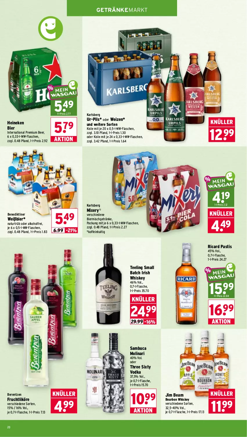 Aktueller Prospekt Wasgau - von 28.09 bis 02.10.2026 - strona 20 - produkty: alkohol, asti, Benediktiner, berentzen, bier, bourbon, bourbon whiskey, eis, flasche, frucht, getränk, getränke, heineken, irish whiskey, jim beam, karlsberg, likör, Mixer, mixery, Molinari, mw-flasche, natur, pils, reis, sambuca, tee, Three Sixty, Ti, vodka, whiskey