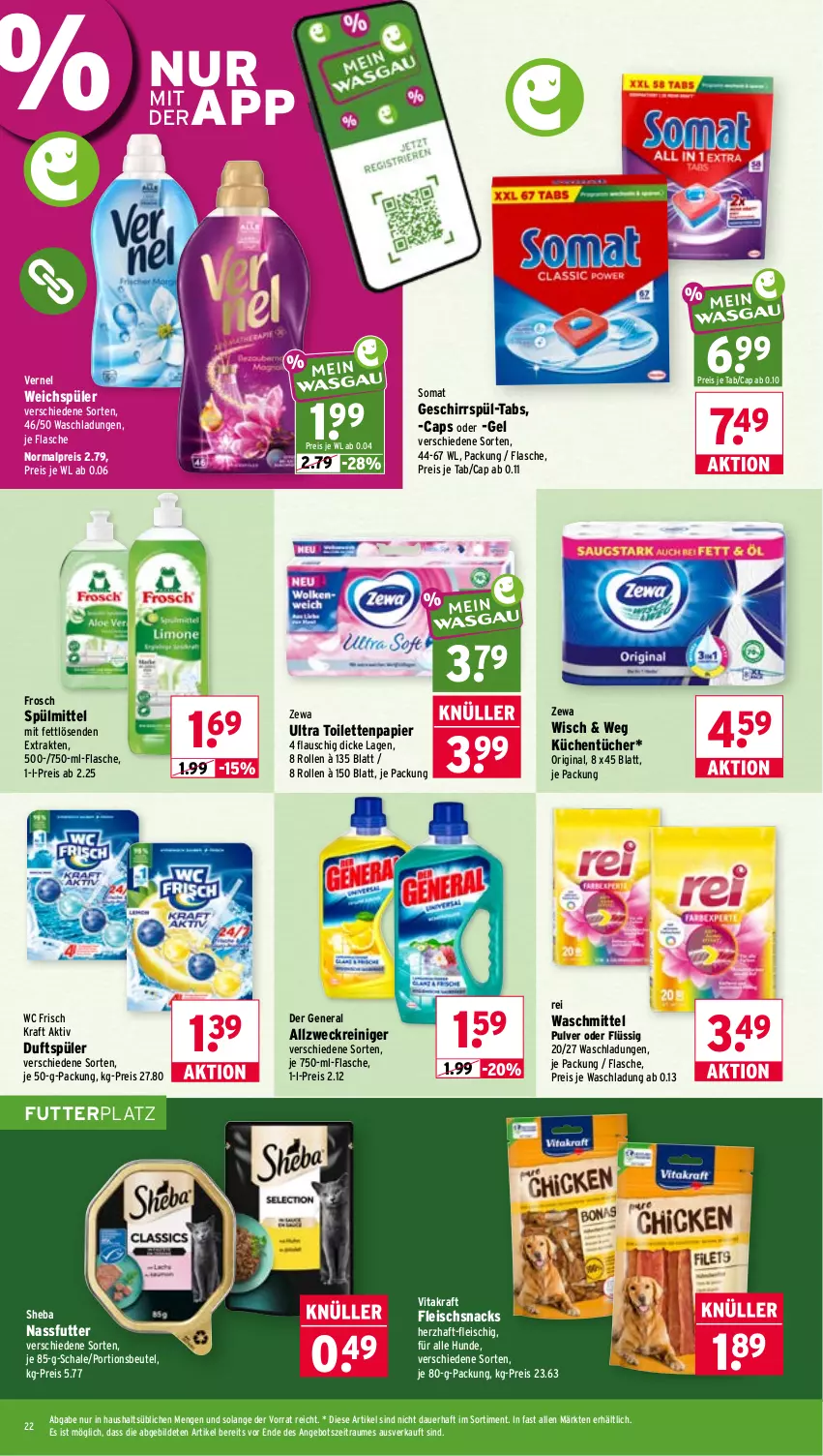 Aktueller Prospekt Wasgau - von 28.09 bis 02.10.2026 - strona 22 - produkty: allzweckreiniger, angebot, auer, beutel, Cap, eis, flasche, fleisch, Frosch, geschirr, gin, kraft, küche, Küchen, küchentücher, nassfutter, papier, portionsbeutel, reiniger, reis, Schal, Schale, sheba, snack, snacks, somat, spülmittel, Ti, toilettenpapier, tücher, vernel, vita, vitakraft, waschmittel, wc frisch, WC Frisch Kraft Aktiv, weck, weichspüler, zewa