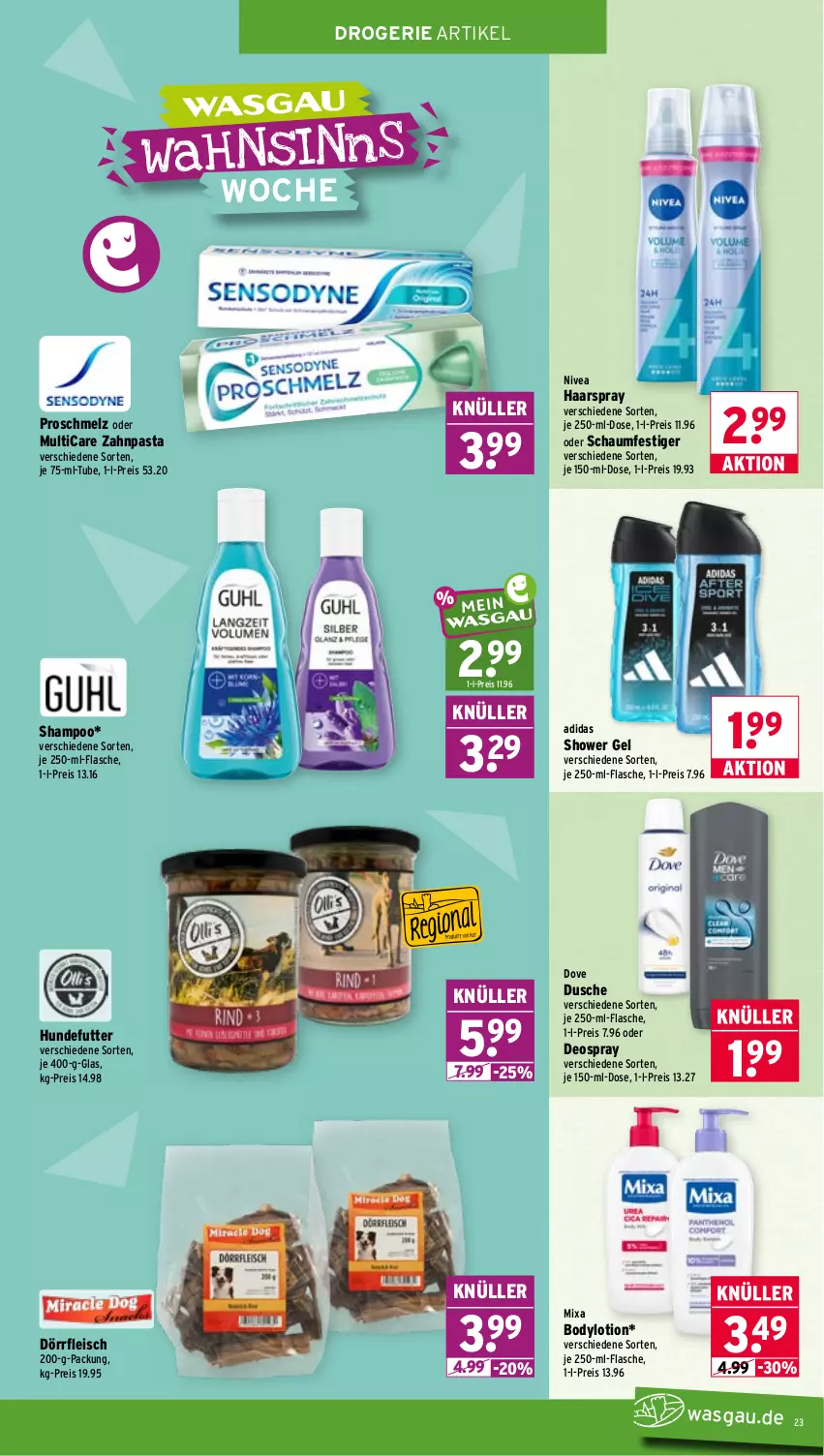 Aktueller Prospekt Wasgau - von 28.09 bis 02.10.2026 - strona 23 - produkty: Adidas, body, bodylotion, deo, deospray, dove, dusche, eis, flasche, fleisch, haarspray, Lotion, Mixa, nivea, oder deospray, oder schaumfestiger, pasta, reis, schaumfestiger, shampoo, Ti, zahnpasta