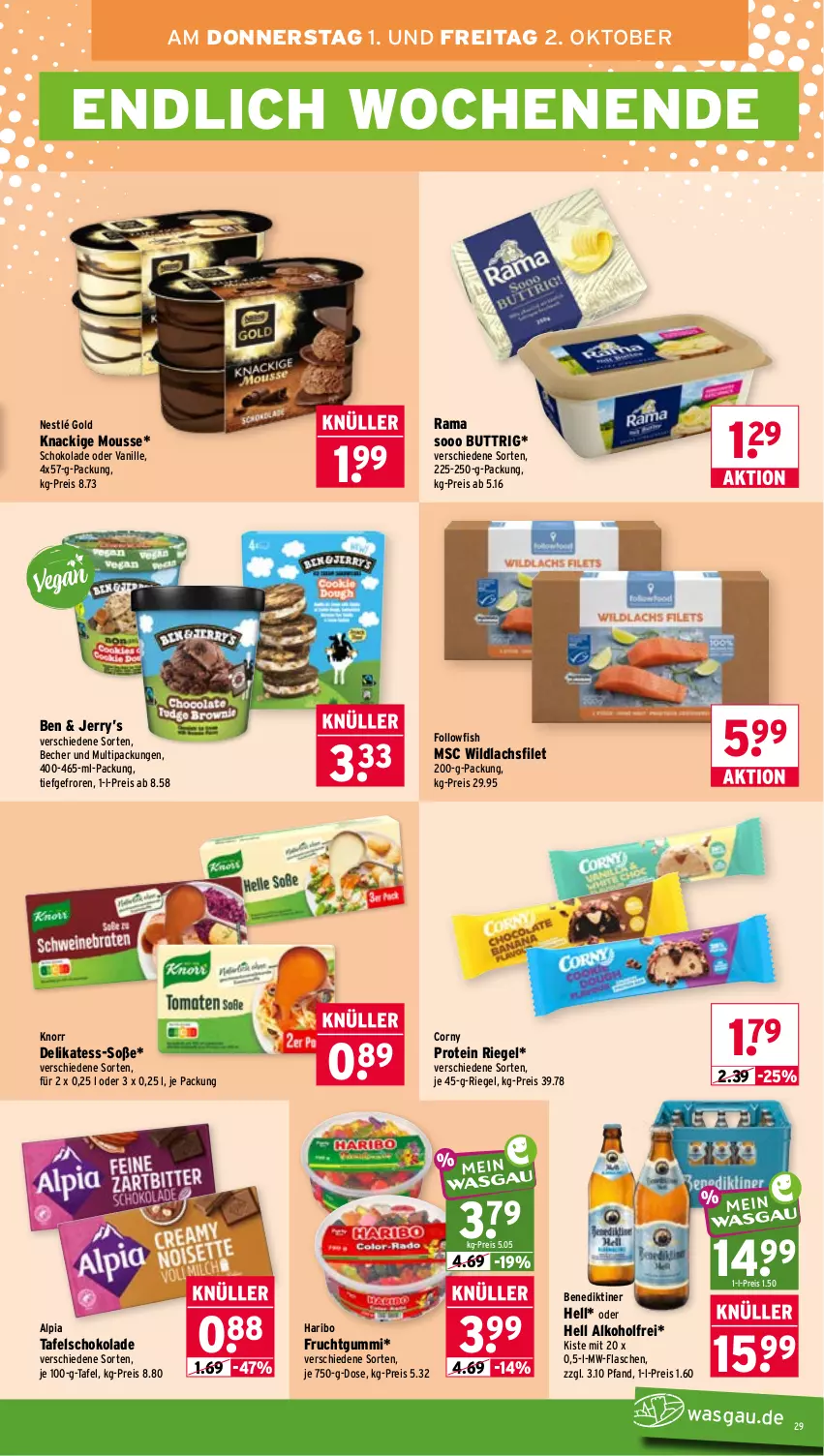 Aktueller Prospekt Wasgau - von 28.09 bis 02.10.2026 - strona 29 - produkty: alkohol, alpia, Becher, Benediktiner, corny, eis, filet, flasche, followfish, frucht, fruchtgummi, haribo, Knackige Mousse, knorr, lachs, lachsfilet, mousse, mw-flasche, nestlé, rama, reis, riegel, schoko, schokolade, Soße, tafelschokolade, Ti, vanille, Wild, wildlachs