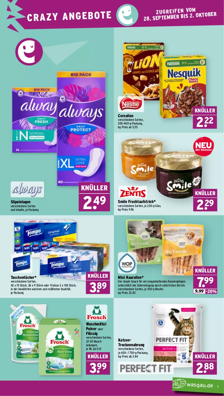 Aktueller Prospekt Wasgau - von 28.09 bis 02.10.2026 - strona 5 - produkty: aufstrich, beutel, brie, cerealien, eis, frucht, fruchtaufstrich, Reinigung, reis, slip, slipeinlagen, snack, Tasche, taschen, taschentücher, Trockennahrung, tücher, waschmittel
