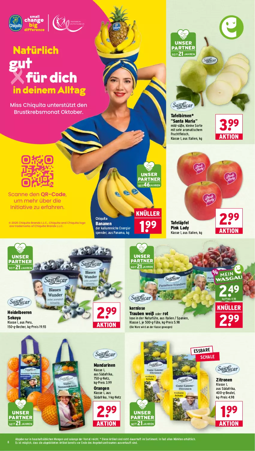 Aktueller Prospekt Wasgau - von 28.09 bis 02.10.2026 - strona 8 - produkty: angebot, auer, banane, bananen, Becher, beere, beeren, beutel, Birnen, chiquita, eis, fleisch, frucht, fruchtfleisch, heidelbeere, heidelbeeren, leine, mandarine, mandarinen, natur, orange, orangen, Pink Lady, reis, Ria, Schal, Schale, tafeläpfel, tafelbirnen, Ti, tisch, trauben, Tüte, zitrone, zitronen