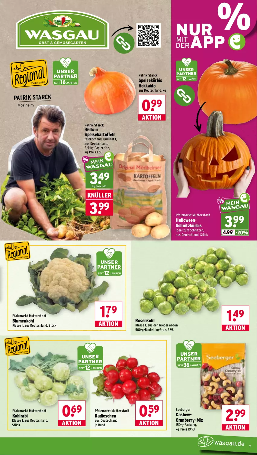 Aktueller Prospekt Wasgau - von 28.09 bis 02.10.2026 - strona 9 - produkty: Berger, beutel, blume, blumen, blumenkohl, Cashew, cranberry, eis, kartoffel, kartoffeln, kohlrabi, Kürbis, papier, Papiertüte, radieschen, reis, rosen, Rosenkohl, seeberger, speisekartoffeln, Tüte