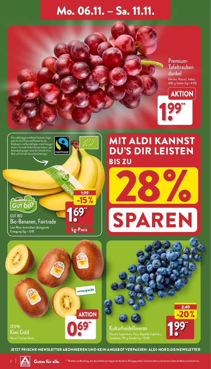 Aktueller Prospekt Aldi Nord - Von Montag - von 06.11 bis 11.11.2023 - strona 2 - produkty: aldi, angebot, auer, banane, bananen, Bau, Bauer, beere, beeren, bio, bio-bananen, eis, heidelbeere, heidelbeeren, kiwi, Kiwi Gold, reis, Schal, Schale, sim, simba, tafeltrauben, Ti, trauben, trolli, zespri, ZTE