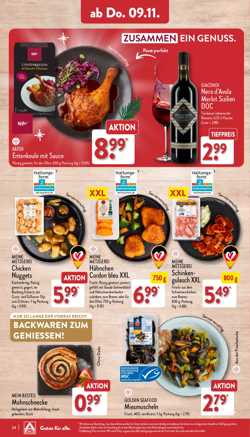 Aktueller Prospekt Aldi Nord - Von Montag - von 06.11 bis 11.11.2023 - strona 24 - produkty: auer, backwaren, braten, chicken nuggets, curry, dip, eis, ente, Entenkeule, flasche, geback, gewürz, gin, gouda, gulasch, Hefe, Heu, käfer, Käse, küche, Küchen, merl, merlot, mit gouda, Muscheln, nero, nuggets, nuss, Ofen, reis, Ria, rotwein, sauce, schinken, Schmelzkäse, schwein, schweine, Ti, tiefpreis, wein, weine, ZTE