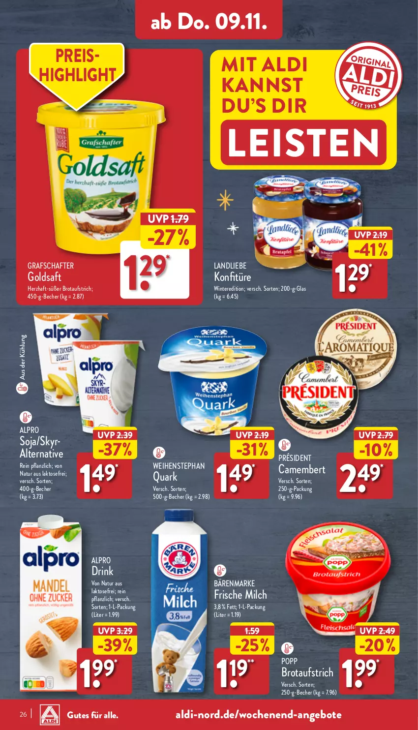 Aktueller Prospekt Aldi Nord - Von Montag - von 06.11 bis 11.11.2023 - strona 26 - produkty: aldi, alpro, angebot, angebote, aufstrich, bärenmarke, Becher, brot, brotaufstrich, camembert, drink, eis, frische milch, goldsaft, grafschafter, konfitüre, landliebe, milch, natur, Popp, quark, reis, saft, Skyr, soja, Ti, weihenstephan