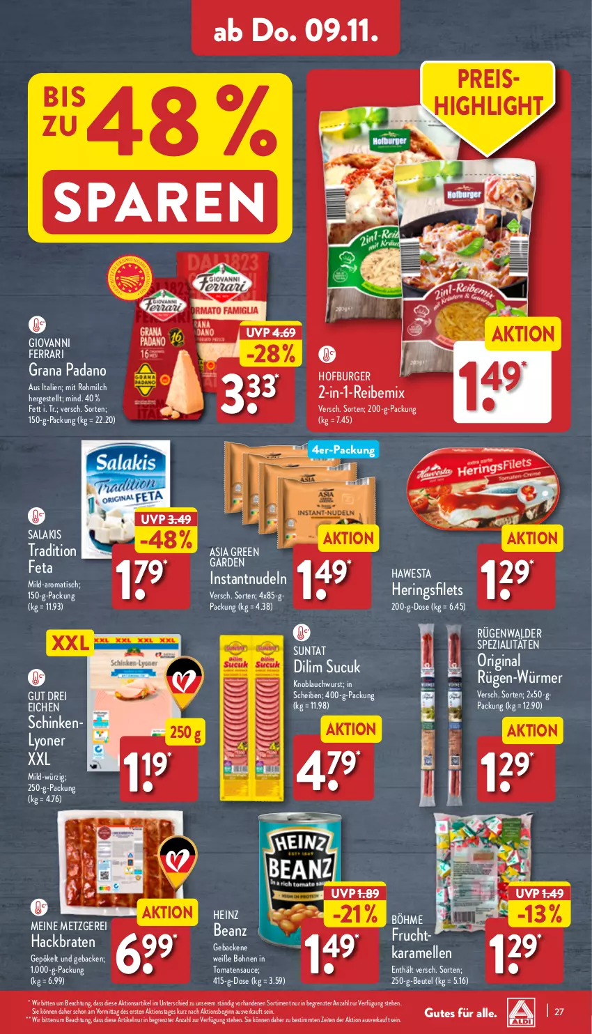 Aktueller Prospekt Aldi Nord - Von Montag - von 06.11 bis 11.11.2023 - strona 27 - produkty: Asia Green Garden, beanz, beutel, bohne, bohnen, braten, burger, eis, elle, feta, filet, filets, frucht, geback, gin, grana, grana padano, hawesta, heinz, hering, Herings, karamell, knoblauch, lyoner, milch, nudel, nudeln, padano, Rana, reis, ring, rügenwalder, salakis, sauce, schinken, Spezi, Sucuk, Ti, tisch, tomate, tomaten, tomatensauce, Weiße Bohnen, wurst, Yo, ZTE