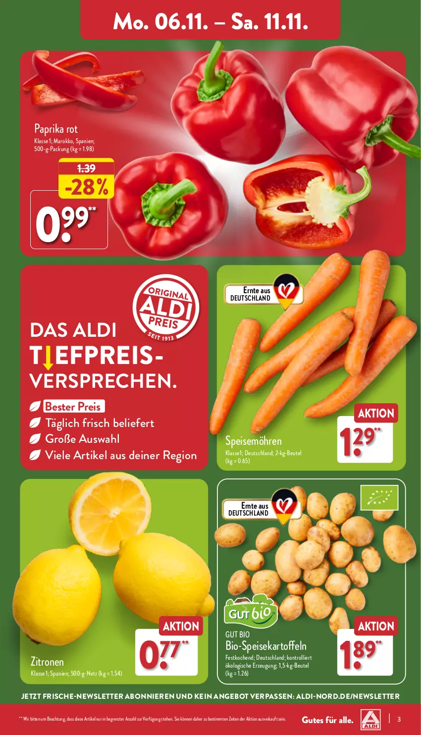 Aktueller Prospekt Aldi Nord - Von Montag - von 06.11 bis 11.11.2023 - strona 3 - produkty: aldi, angebot, beutel, bio, eis, kartoffel, kartoffeln, möhren, paprika, paprika rot, reis, speisekartoffeln, speisemöhren, Ti, trolli, zitrone, zitronen, ZTE