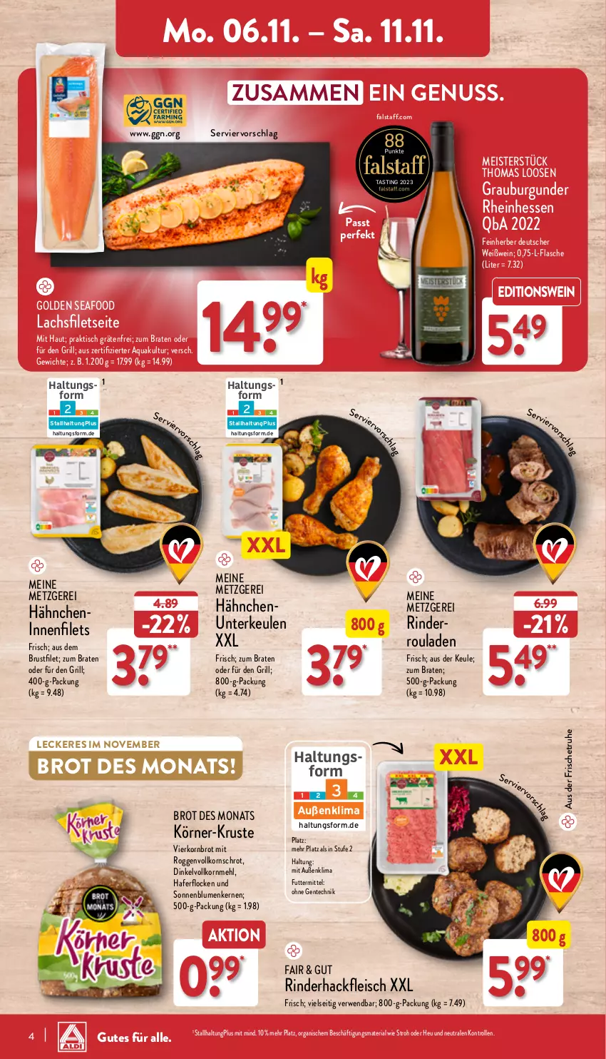 Aktueller Prospekt Aldi Nord - Von Montag - von 06.11 bis 11.11.2023 - strona 4 - produkty: aqua, asti, blume, blumen, braten, brot, brustfilet, burgunder, Dinkelvollkornmehl, eis, filet, filets, flasche, fleisch, grauburgunder, grill, hackfleisch, hafer, haferflocken, Heu, korn, Kornbrot, lachs, lachsfilet, lachsfilets, Loose, mehl, Meister, nuss, Ria, rind, rinder, rinderhackfleisch, rouladen, rwe, sonnenblume, sonnenblumen, Sonnenblumenkerne, sonnenblumenkernen, Ti, tisch, wein, Weißwein