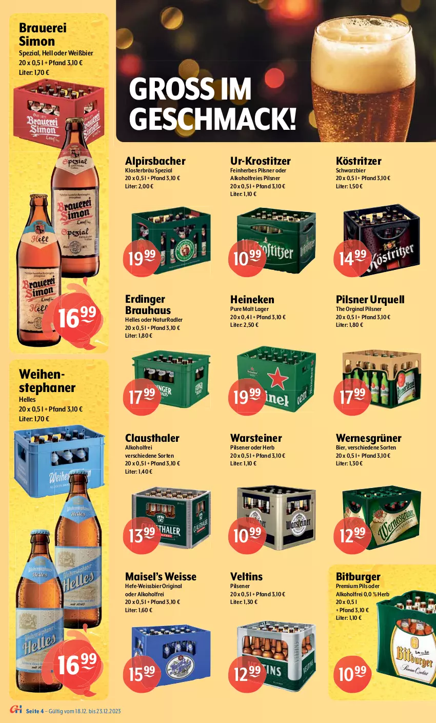 Aktueller Prospekt Getraenke Hoffmann - Prospekte - von 18.12 bis 23.12.2023 - strona 4 - produkty: alkohol, Alpirsbacher, Altenmünster, Astra, auer, aust, bier, bitburger, burger, clausthaler, eis, elle, erdinger, franziskaner, gin, Hefe, heineken, jever, köstritzer, LG, mac, mais, mönchshof, natur, oder radler, Paula, paulaner, pils, pilsener, pilsner, pilsner urquell, premium pils, radler, sim, Spezi, steiner, Sternburg, störtebeker, Ti, veltins, warsteiner, weihenstephan, weissbier, Zipfer