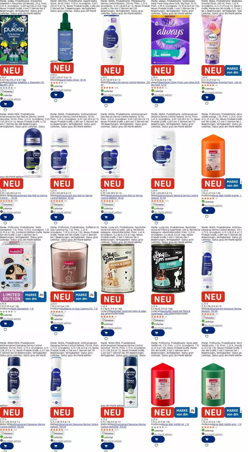 Aktueller Prospekt Dm Drogerie - Prospekte - von 15.09 bis 24.09.2025 - strona 15 - produkty: alleinfuttermittel, Alwa, Always, Antitranspirant, Bad, beutel, body, deo, deo roll-on, deospray, Deostick, Duftkerze, dusche, eis, elle, Heu, kerze, Kraut, kräuter, LG, Lotion, nassfutter, nivea, Nivea Men, orange, pflegedusche, Profissimo, reis, roll-on, sim, slip, slipeinlagen, tee, Ti, weleda