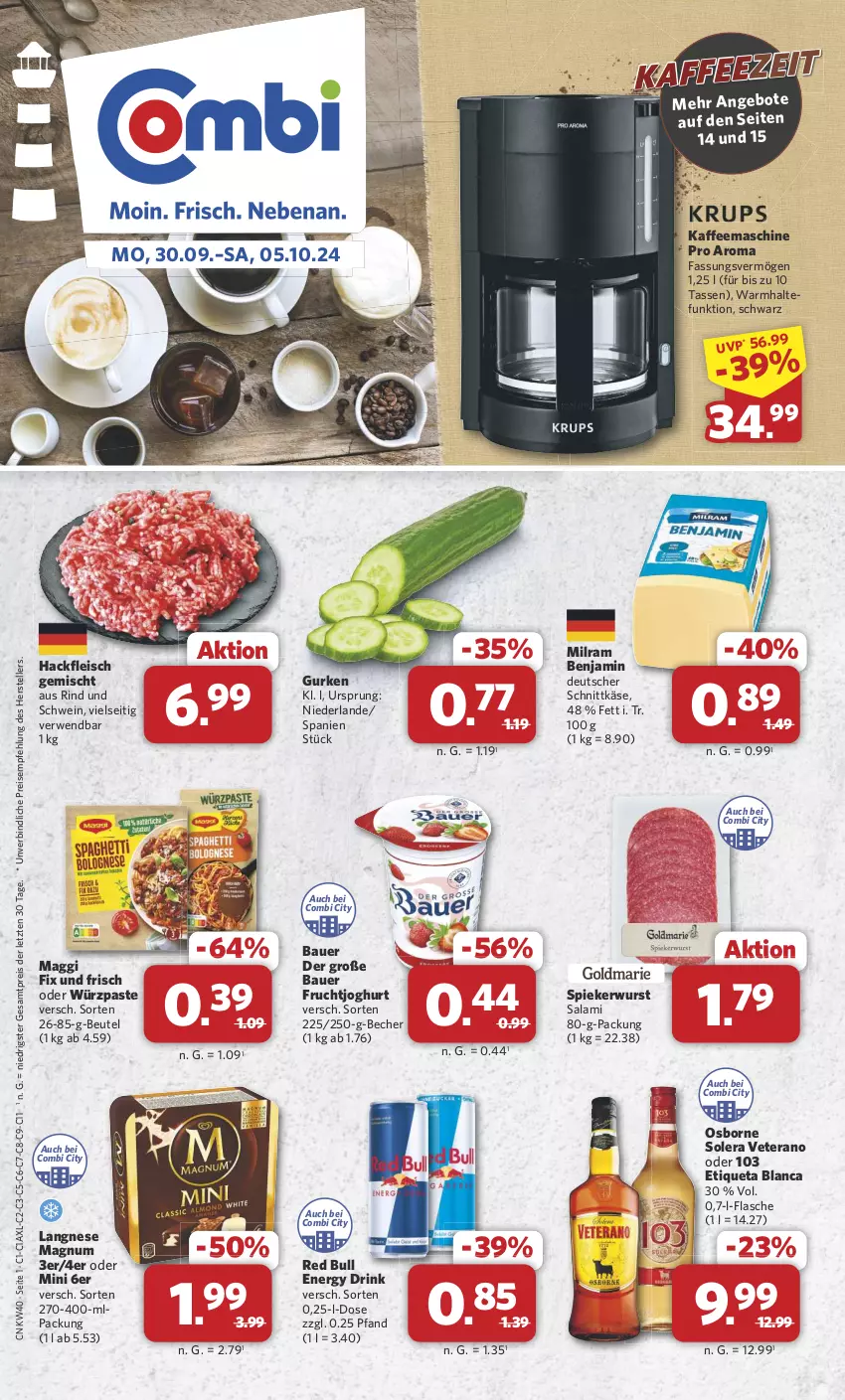 Aktueller Prospekt Combi - Prospekte - von 30.09 bis 05.10.2024 - strona 1 - produkty: auer, Bau, Bauer, Becher, beutel, deutscher schnittkäse, drink, eis, elle, energy drink, Etiqueta Blanca, flasche, fleisch, frucht, fruchtjoghurt, gurke, gurken, hackfleisch, hackfleisch gemischt, joghur, joghurt, kaffee, kaffeemaschine, Käse, langnese, maggi, maggi fix, magnum, milram, osborne, red bull, reis, rind, rwe, salami, schnittkäse, schwein, tasse, teller, Ti, veterano, wein, wurst, ZTE