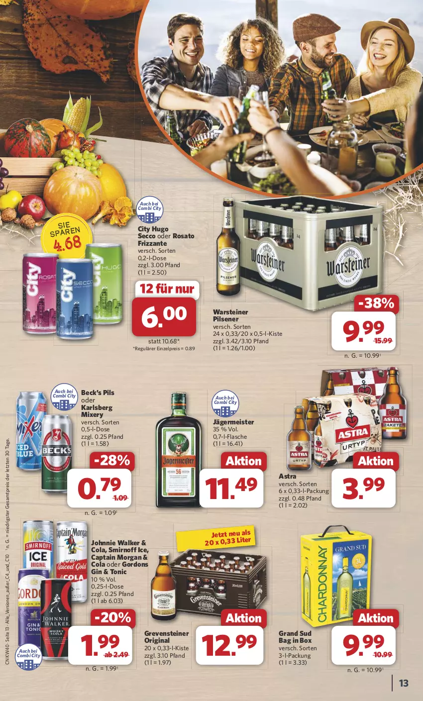 Aktueller Prospekt Combi - Prospekte - von 30.09 bis 05.10.2024 - strona 13 - produkty: Astra, Cap, captain morgan, cola, ecco, eis, flasche, frizzante, Germ, gin, gordon, gordons, grand sud, grevensteiner, hugo, jägermeister, johnnie walker, karlsberg, karlsberg mixery, Meister, Mixer, mixery, pils, pilsener, reis, rosato, smirnoff, steiner, Ti, tonic, warsteiner, ZTE