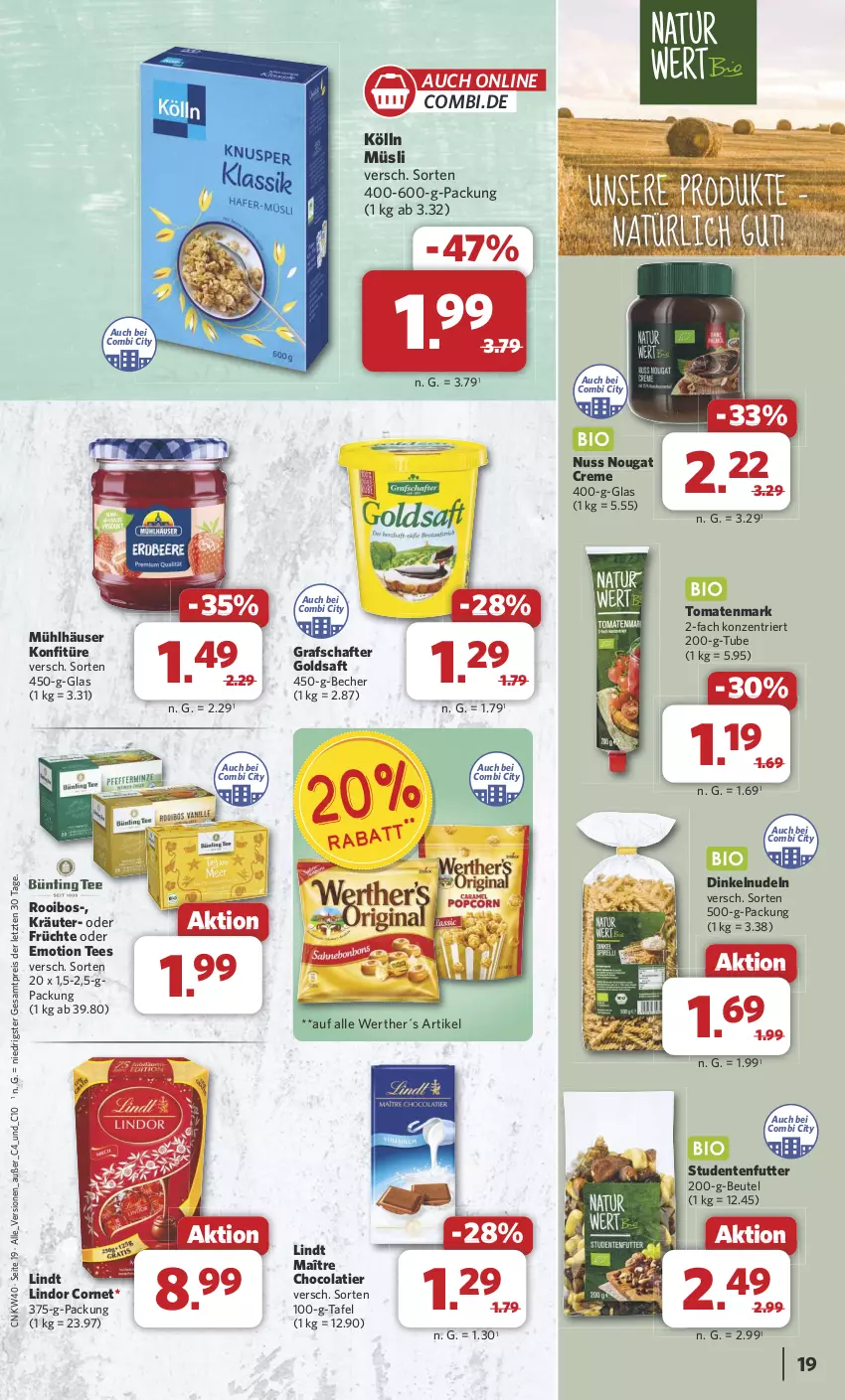 Aktueller Prospekt Combi - Prospekte - von 30.09 bis 05.10.2024 - strona 19 - produkty: Becher, beutel, cola, creme, eis, ente, früchte, goldsaft, grafschafter, kölln, konfitüre, kräuter, lindor, lindt, mühlhäuser, müsli, nougat creme, nudel, nudeln, nuss, reis, saft, studentenfutter, tee, Ti, tomate, tomaten, tomatenmark, ZTE