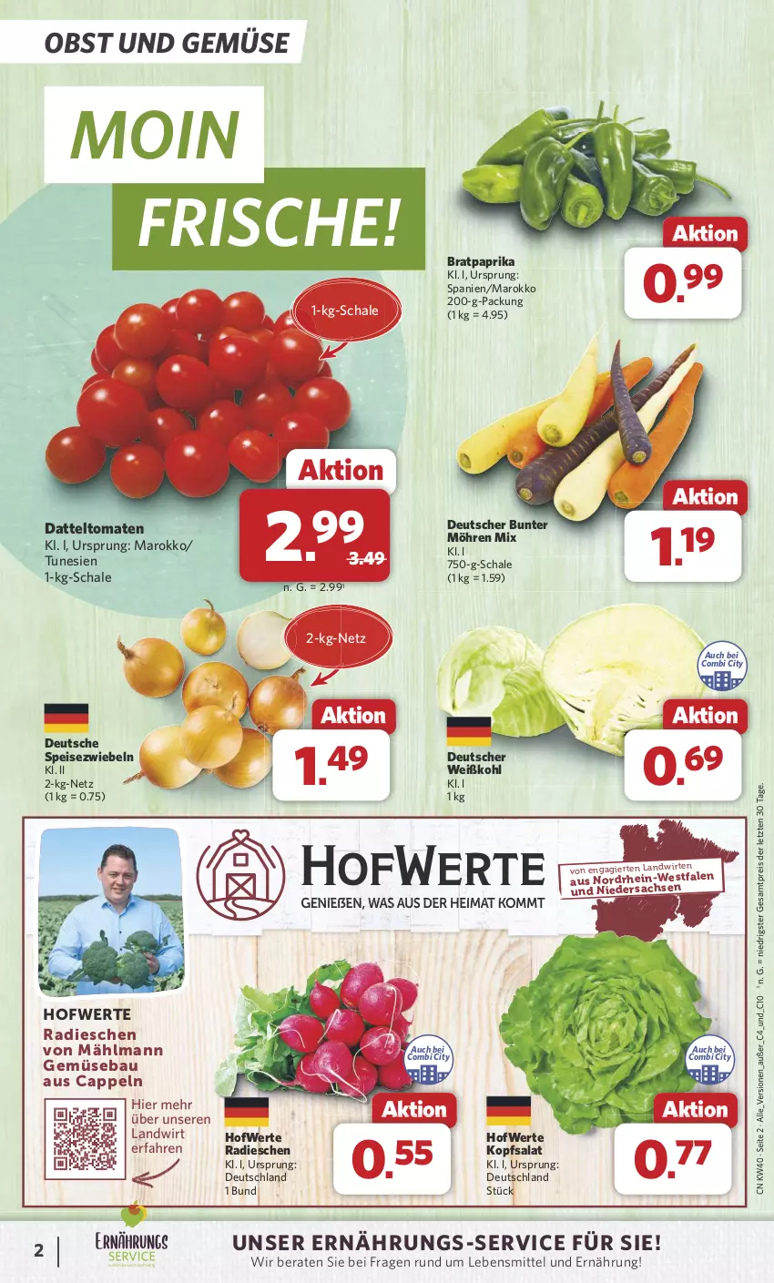 Aktueller Prospekt Combi - Prospekte - von 30.09 bis 05.10.2024 - strona 2 - produkty: Bau, Cap, datteltomaten, eis, kopfsalat, lebensmittel, möhren, obst, Obst und Gemüse, paprika, radieschen, reis, sac, salat, Schal, Schale, Speisezwiebeln, Ti, tomate, tomaten, und gemüse, Weißkohl, ZTE, zwiebel, zwiebeln