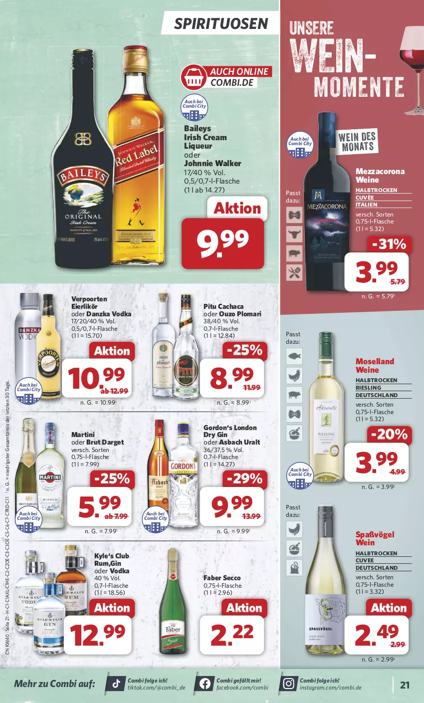 Aktueller Prospekt Combi - Prospekte - von 30.09 bis 05.10.2024 - strona 21 - produkty: asbach uralt, baileys, brut, Cachaca, corona, dry gin, ecco, eier, eierlikör, eis, ente, flasche, gin, gordon, irish cream, johnnie walker, LG, likör, liqueur, london dry, london dry gin, martini, mezzacorona, moselland, ouzo, reis, riesling, rum, spirituosen, Ti, verpoorten, vodka, wein, weine, ZTE