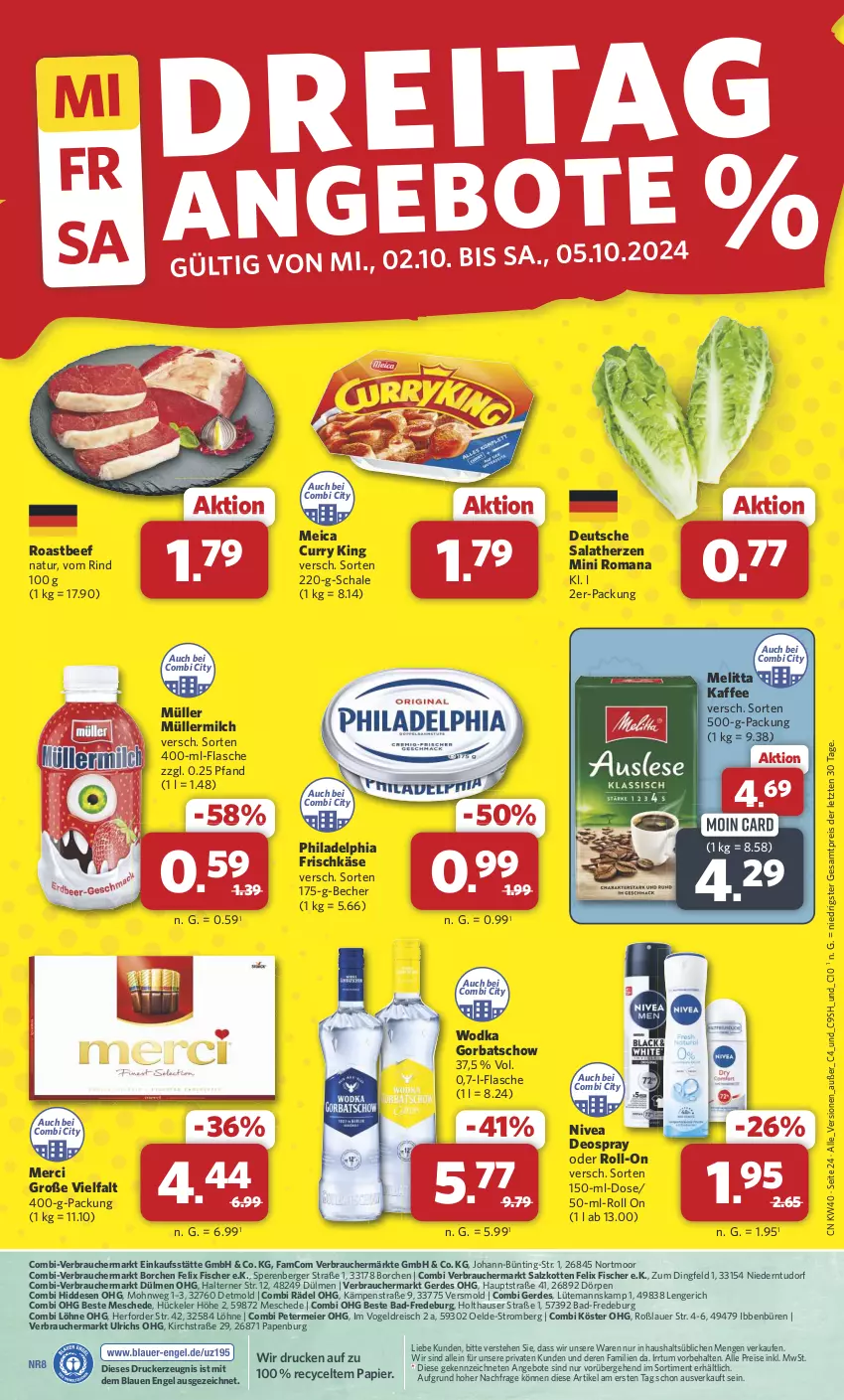 Aktueller Prospekt Combi - Prospekte - von 30.09 bis 05.10.2024 - strona 24 - produkty: aeg, angebot, angebote, auer, Bad, Becher, beef, Berger, curry, deo, deospray, drucker, eier, eis, Engel, erde, felix, fisch, fische, Fischer, flasche, frischkäse, Gorbatschow, kaffee, Käse, kerze, meica, melitta, merci, milch, Müller, müllermilch, natur, nivea, papier, philadelphia, Rauch, reis, rind, roastbeef, roll-on, salat, salatherzen, salz, Schal, Schale, Ti, wodka, ZTE