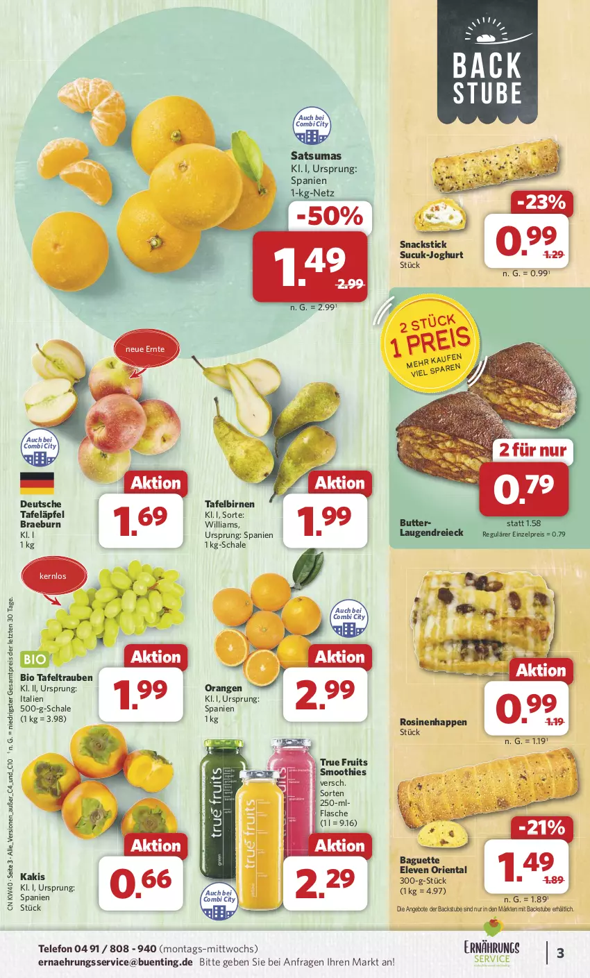 Aktueller Prospekt Combi - Prospekte - von 30.09 bis 05.10.2024 - strona 3 - produkty: angebot, angebote, baguette, bio, Birnen, butter, eis, flasche, joghur, joghurt, Kaki, orange, orangen, reis, Schal, Schale, smoothie, smoothies, snack, snacks, stube, Sucuk, tafeläpfel, tafelbirnen, tafeltrauben, telefon, Ti, trauben, true fruits, ZTE