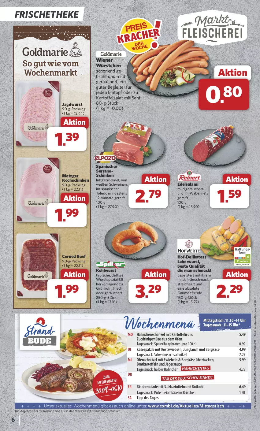 Aktueller Prospekt Combi - Prospekte - von 30.09 bis 05.10.2024 - strona 6 - produkty: angebot, angebote, beef, Bergkäse, braten, brötchen, corned beef, Edelsalami, eintopf, eis, elle, fleisch, fleischkäse, hähnchenschenkel, henkel, jagdwurst, kartoffel, kartoffeln, kartoffelsalat, Käse, kochschinken, lachs, leberwurst, mac, mit röstzwiebeln, mit zwiebeln, Ofen, pute, Putenfleisch, rind, rinder, Rinderroulade, röstzwiebeln, rotkohl, salami, salat, salz, sauce, schenkel, schinken, schnitzel, schwein, schweine, Schweinelachs, senf, serrano, snack, spareribs, Spezi, Streichzart, Ti, tisch, topf, uhr, wein, weine, wiener, wiener würstchen, wurst, würstchen, zucchini, zwiebel, zwiebeln