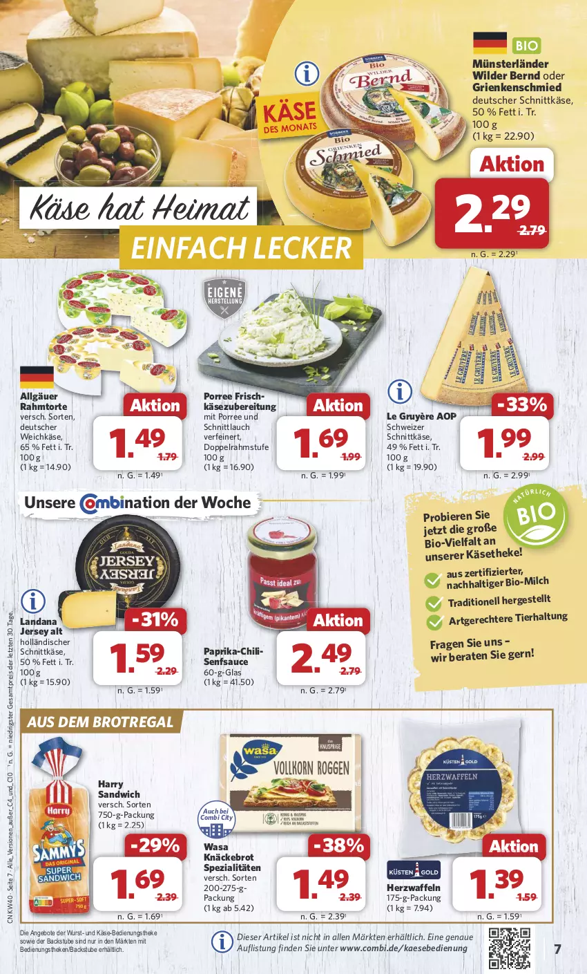 Aktueller Prospekt Combi - Prospekte - von 30.09 bis 05.10.2024 - strona 7 - produkty: angebot, angebote, bier, Biere, bio, brot, chili, deutscher schnittkäse, deutscher weichkäse, doppelrahmstufe, eis, Grienkenschmied, holländischer schnittkäse, kaes, Käse, käsetheke, knäckebrot, LG, milch, paprika, regal, reis, sandwich, sauce, schnittkäse, schnittlauch, schweizer schnittkäse, senf, Spezi, stube, Ti, torte, waffeln, wasa, weichkäse, Wild, Wilder Bernd, wurst, ZTE