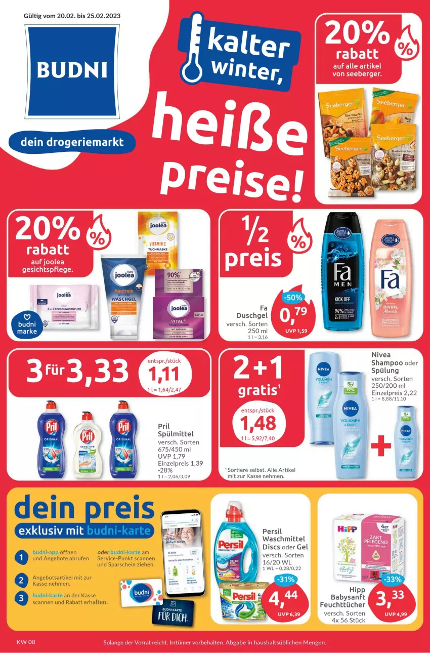 Aktueller Prospekt Budni - Prospekte - von 20.02 bis 25.02.2023 - strona 1 - produkty: angebot, angebote, asti, brie, Brufen, duschgel, eis, fa duschgel, feuchttücher, hipp, Maske, persil, persil waschmittel, pril, reis, shampoo, spülmittel, Ti, Tiere, tuc, tücher, tuchmaske, vita, waschmittel