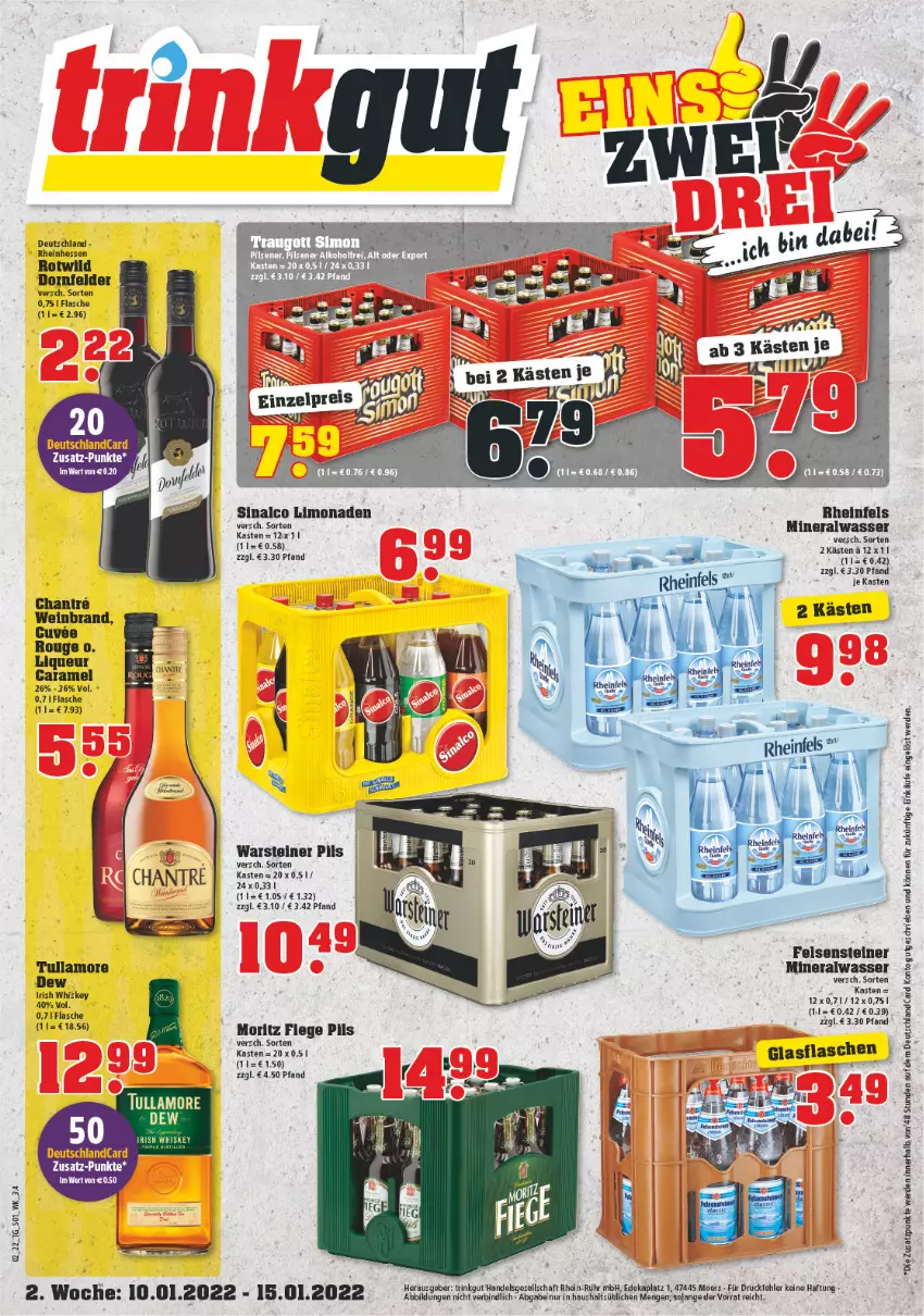 Aktueller Prospekt Trinkgut - von 10.01 bis 15.01.2022 - strona 1 - produkty: alkohol, Alwa, bio, caramel, deutschland card, deutschlandcard, dornfelder, erde, flasche, glasflasche, irish whiskey, limo, limonade, limonaden, liqueur, mineralwasser, pils, pilsener, rouge, sim, sinalco, steiner, Ti, tullamore, tullamore dew, warsteiner, wasser, wein, weinbrand, whiskey, Wild