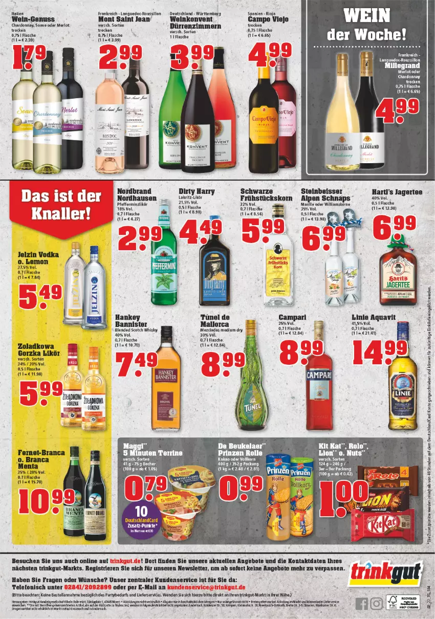 Aktueller Prospekt Trinkgut - von 10.01 bis 15.01.2022 - strona 4 - produkty: aeg, angebot, angebote, aqua, aquavit, auer, Bad, Bau, Bauer, blended scotch, blended scotch whisky, campari, campo viejo, chardonnay, de beukelaer, deutschlandcard, eis, elle, flasche, Jagertee, jelzin, K2, kakao, Kit Kat, korn, lieferservice, likör, lion, merl, merlot, ndk, nordbrand, nuss, pfeffer, pfefferminzlikör, rioja, scotch, scotch whisky, tee, telefon, Ti, vodka, wein, whisky