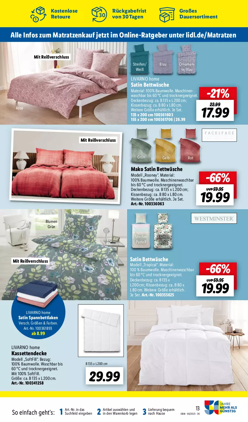 Aktueller Prospekt Lidl - August-Highlights im Onlineshop - von 01.08 bis 31.08.2023 - strona 13 - produkty: auer, Bau, baumwolle, bett, bettwäsche, blume, blumen, decke, dell, ente, Ergee, Kassettendecke, kissen, Kissenbezug, korb, matratze, matratzen, Mode, reifen, Ria, spannbettlaken, Ti, Trockner, wolle