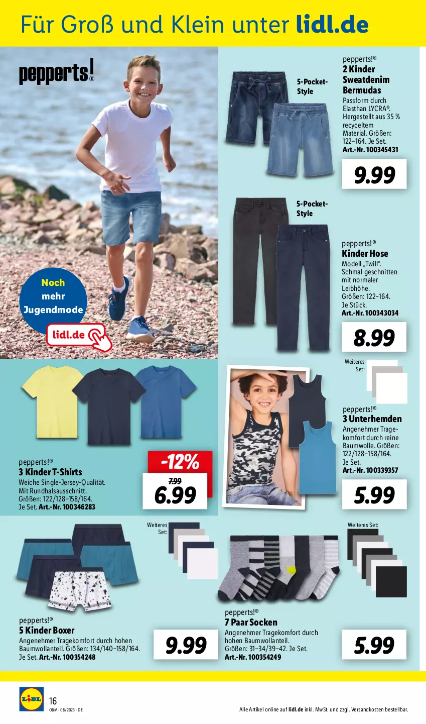 Aktueller Prospekt Lidl - August-Highlights im Onlineshop - von 01.08 bis 31.08.2023 - strona 16 - produkty: Bau, baumwolle, bermuda, bermudas, dell, hemd, hemden, hose, Kinder, Mode, ndk, reine baumwolle, Ria, schnitten, shirt, shirts, socken, T-Shirt, Ti, Unterhemd, unterhemden, wolle