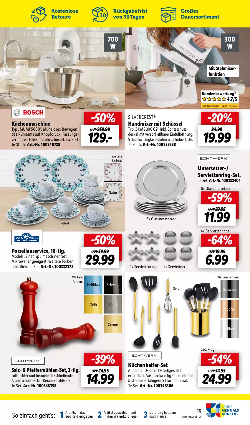 Aktueller Prospekt Lidl - August-Highlights im Onlineshop - von 01.08 bis 31.08.2023 - strona 19 - produkty: auer, beere, creme, decke, Deckel, dell, edelstahl, elle, handmixer, korb, küche, Küchen, Küchenhelfer, küchenmaschine, LG, mikrowelle, Mixer, Mode, natur, pfeffer, Pfeffermühle, Ria, ring, Rührschüssel, salz, schüssel, Serviette, servietten, Serviettenring, silvercrest, Spritzschutz, spülmaschinen, stabmixer, Ti, tisch, Untersetzer