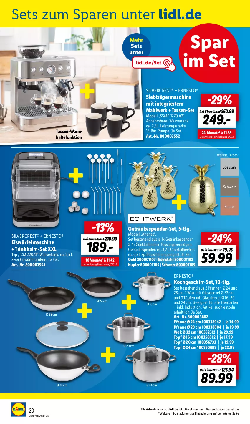 Aktueller Prospekt Lidl - August-Highlights im Onlineshop - von 01.08 bis 31.08.2023 - strona 20 - produkty: ananas, Becher, cocktail, decke, Deckel, dell, edelstahl, eis, eiswürfel, ernesto, Germ, geschirr, Geschirr-Set, getränk, getränke, getränkespender, Glasdeckel, herdarten, LG, Mode, ndk, pfanne, pfannen, silvercrest, spülmaschinen, tasse, Ti, topf, wasser, wassertank, wok, würfel, ZTE