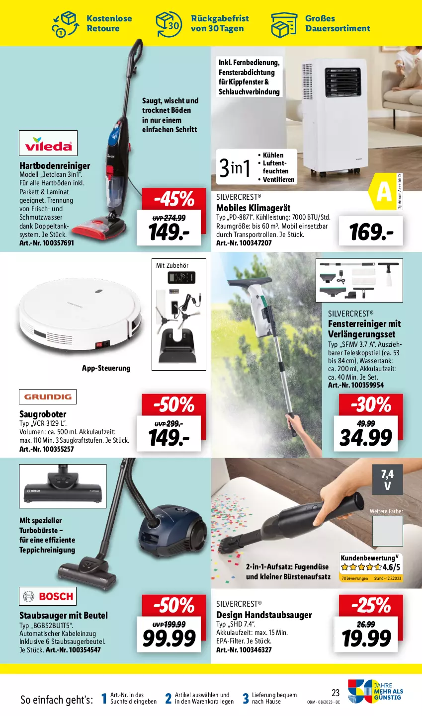 Aktueller Prospekt Lidl - August-Highlights im Onlineshop - von 01.08 bis 31.08.2023 - strona 23 - produkty: akku, auer, auto, beutel, bürste, bürsten, dell, eis, elle, ente, fenster, fernbedienung, handstaubsauger, Hartbodenreiniger, klimagerät, korb, kraft, laminat, leine, Mode, reiniger, Reinigung, rum, Saugroboter, schlauch, silvercrest, Spektrum, Spezi, Sport, staubsauger, staubsaugerbeutel, Teleskop, teleskopstiel, teppich, Ti, tisch, wasser, wassertank